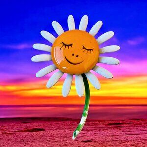 Vintage 1960s Enameled Metal Flower Daisy Brooch with Cartoon Face as is